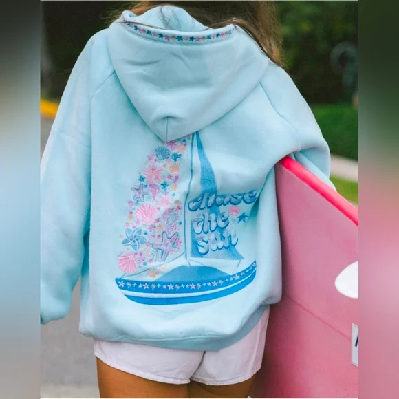 πβ΅οΈNew Pink Palm puff Chase the Sun Relaxed Hoodie in Sky Blue M - Picture 2 of 13